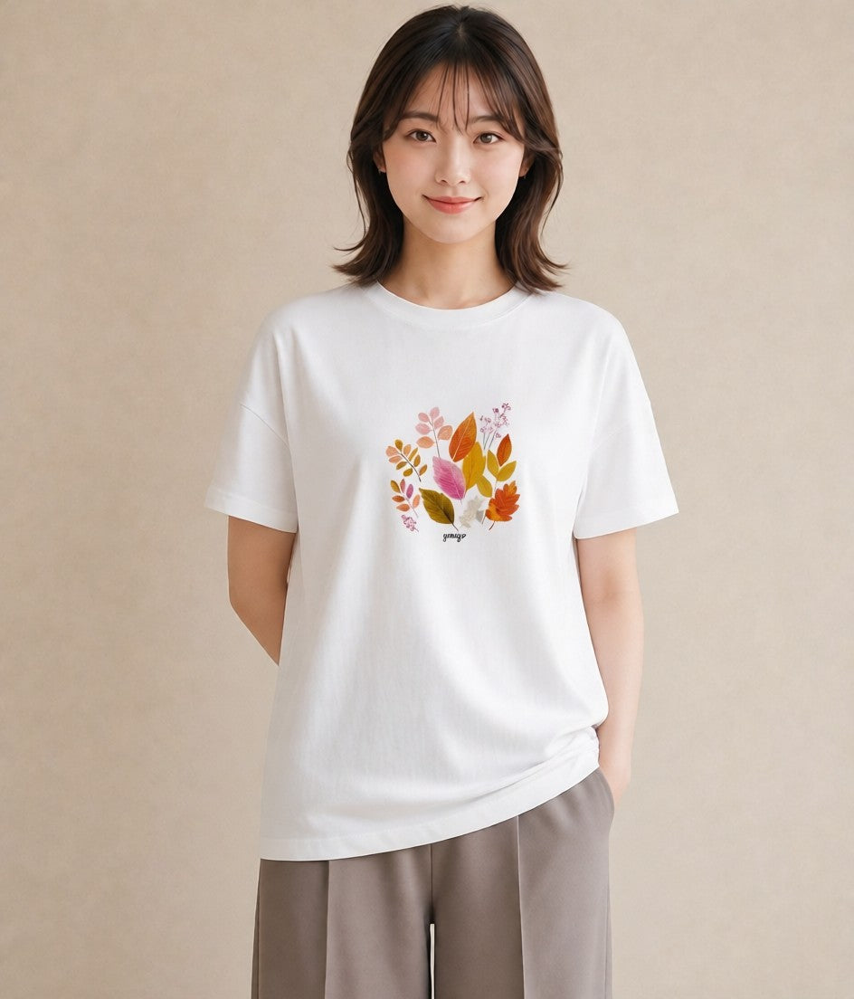 プリントTシャツ レディース 落ち葉 植物 ボタニカル イラスト ヴィンテージ風 デイリーウェア 休日 白T YMAZO