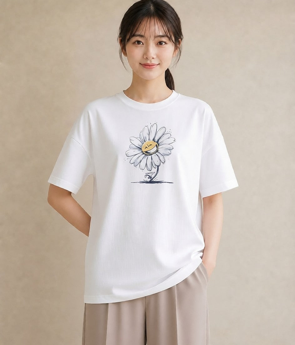 Tシャツ レディース マーガレット 花 花柄 イラスト ゆるかわ 海 カフェ巡り 白T YMAZO