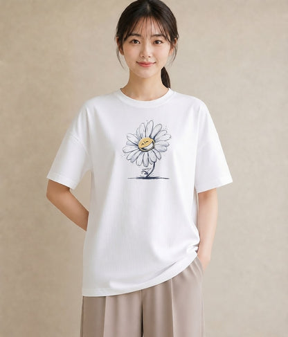 Tシャツ レディース マーガレット 花 花柄 イラスト ゆるかわ 海 カフェ巡り 白T YMAZO