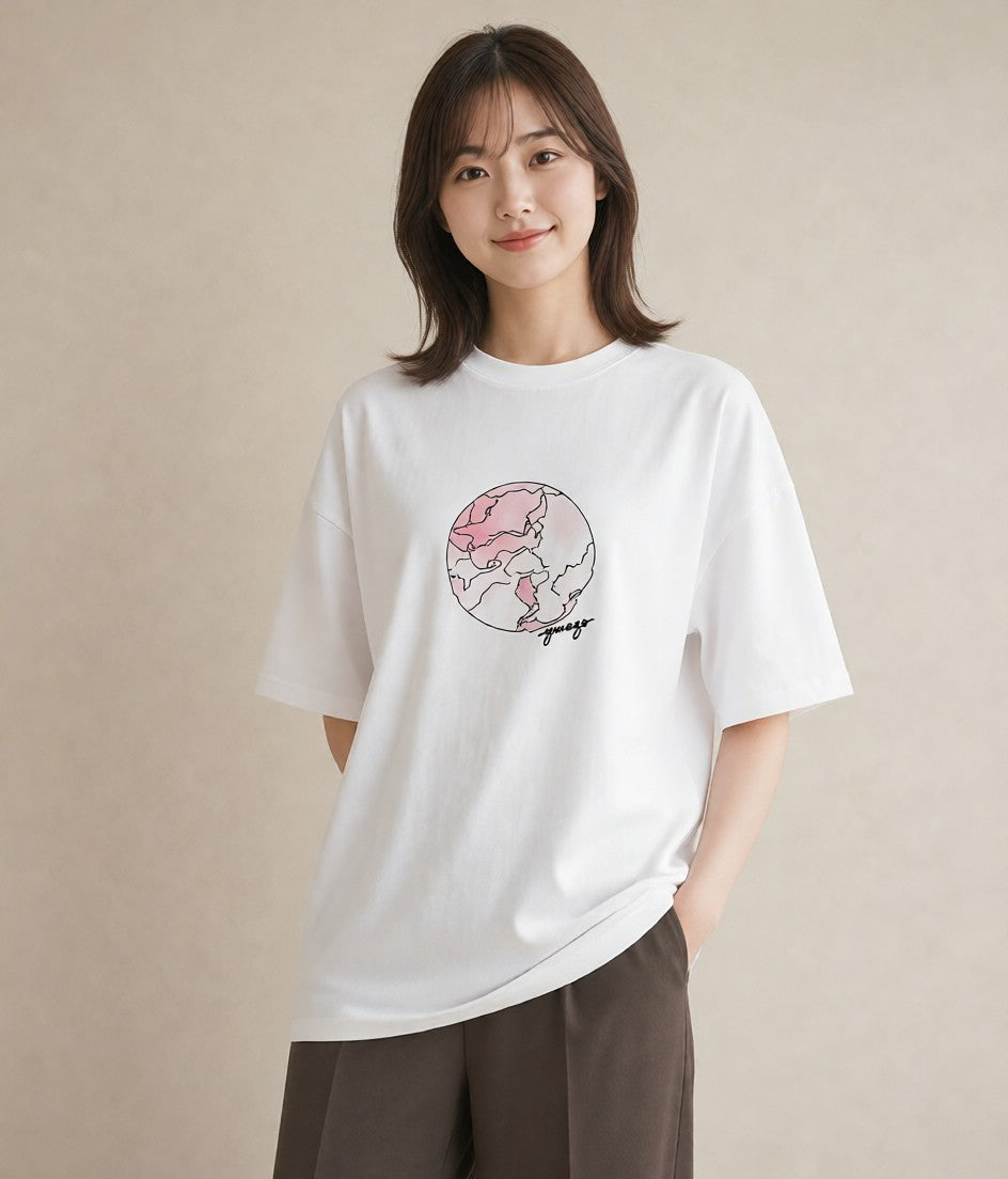 半袖Tシャツ レディース 月 星空 宇宙 イラスト ガーリー 通勤 在宅 白T YMAZO