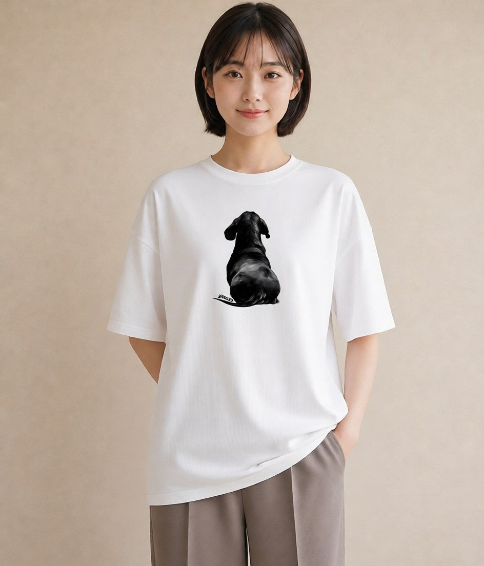 Tシャツ レディース ミニチュアダックスフンド 犬 いぬ イラスト 北欧風 カジュアルコーデ 買い物 白T YMAZO