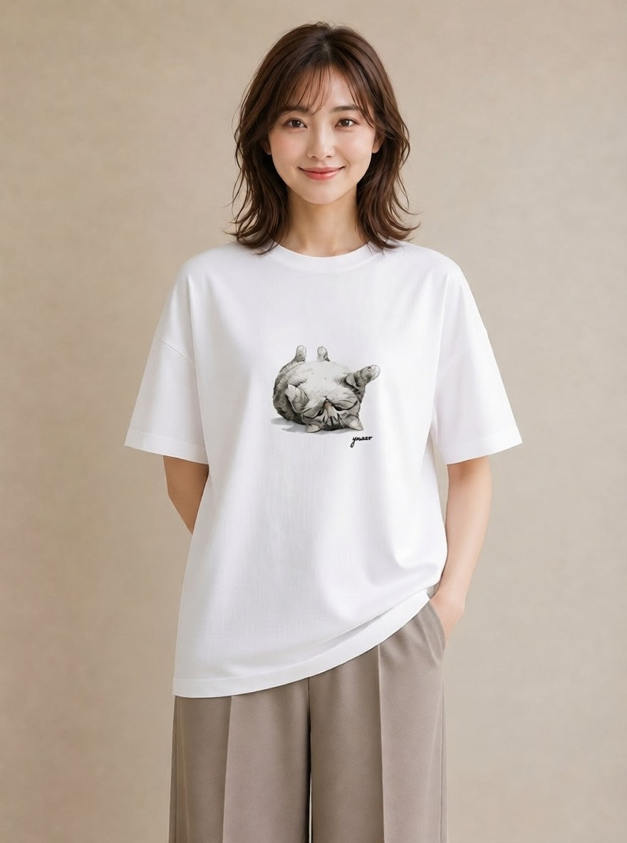 プリントTシャツ レディース ぶち猫 猫 ねこ イラスト ラフカジュアル 週末コーデ 敬老の日 白T YMAZO