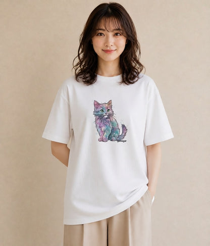 Tシャツ レディース 猫 ねこ イラスト 北欧風 女性 旅行用 白T YMAZO