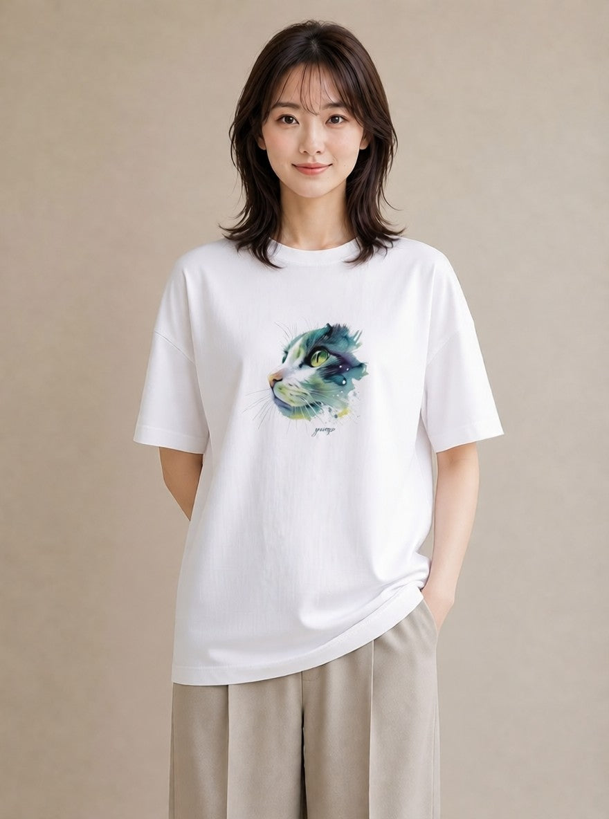 半袖Tシャツ レディース スコティッシュフォールド 猫 ねこ イラスト カフェコーデ 部屋着 女性向けギフト 白T YMAZO