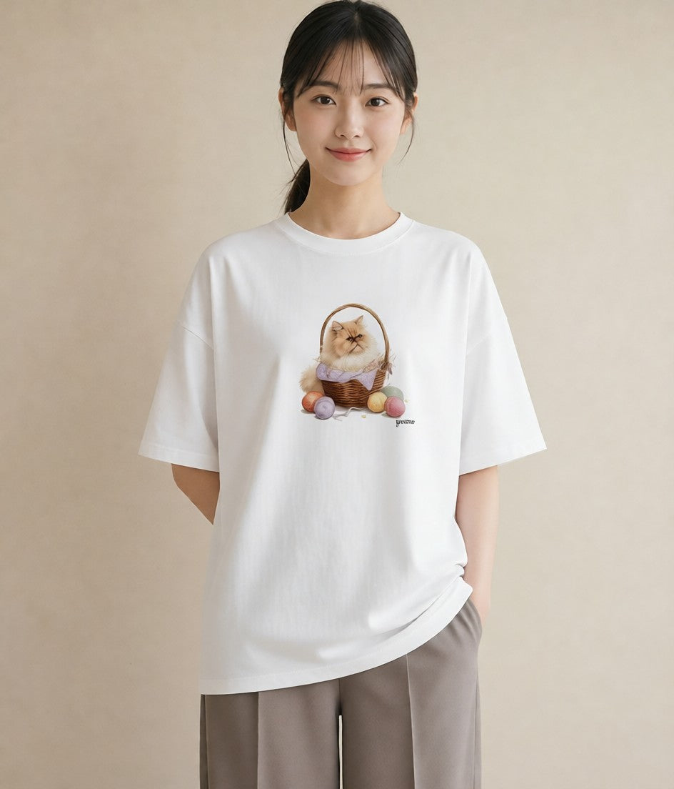 デザインTシャツ レディース ペルシャ 猫 ねこ イラスト 個性的 送別ギフト 通勤 白T YMAZO