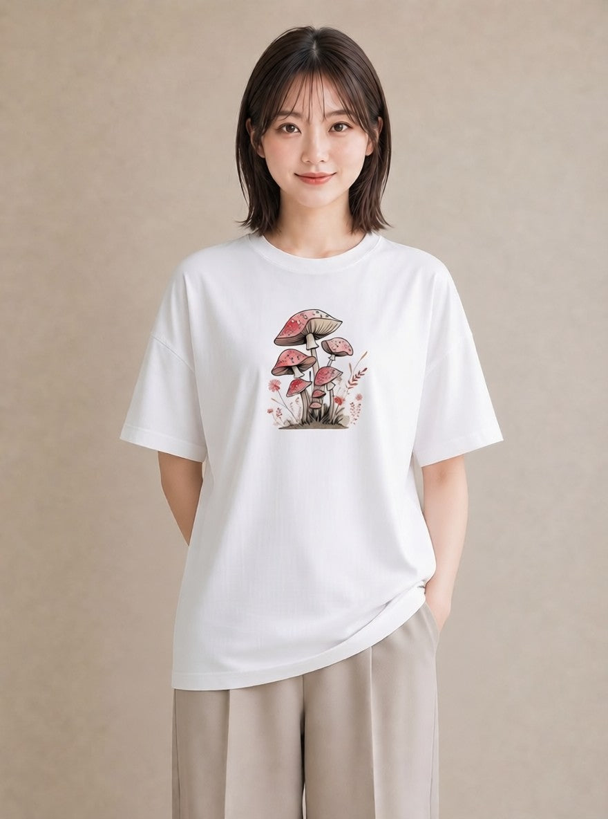 Tシャツ レディース きのこ 植物 ボタニカル イラスト 線画 自分用 ルームウェア 白T YMAZO