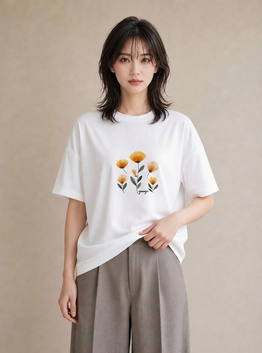 半袖Tシャツ レディース マーガレット 花 花柄 イラスト 淡色 送別ギフト 通勤 白T