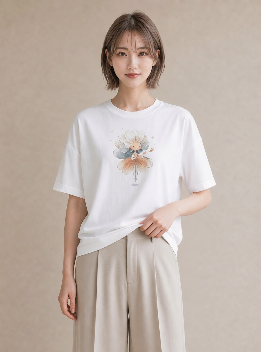グラフィックTシャツ レディース カスミソウ かすみ草 花 花柄 イラスト ゆるかわ 海 カフェ巡り 白T YMAZO