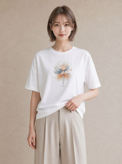 グラフィックTシャツ レディース カスミソウ かすみ草 花 花柄 イラスト ゆるかわ 海 カフェ巡り 白T YMAZO