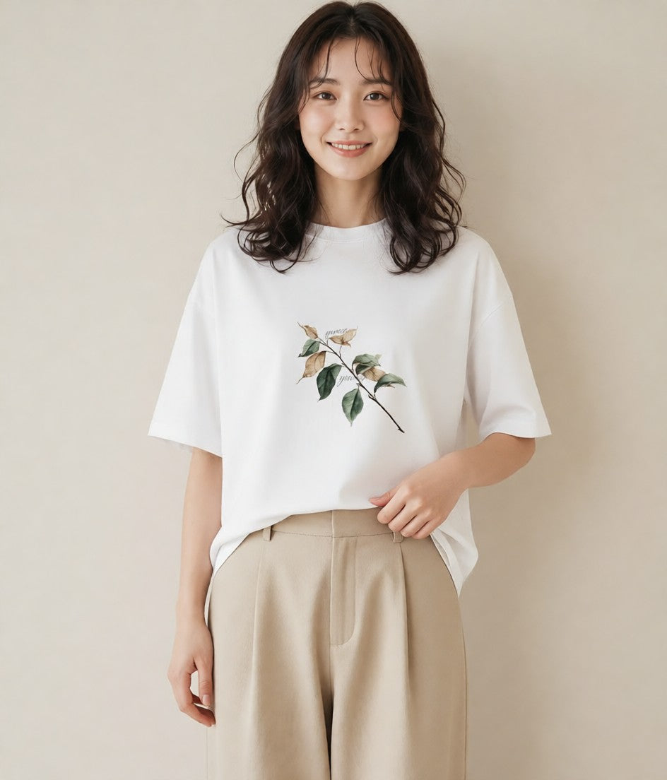 プリントTシャツ レディース 落ち葉 植物 ボタニカル イラスト カジュアル 海 カフェ巡り 白T YMAZO