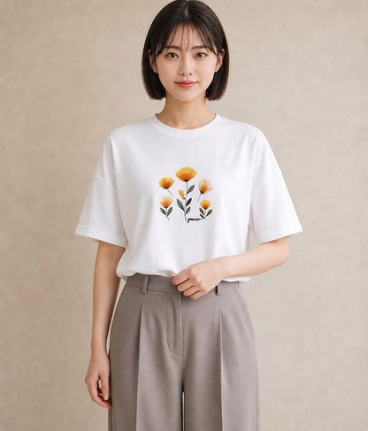 Tシャツ レディース ミモザ 花 花柄 イラスト きれいめ 夏コーデ 通学 白T YMAZO