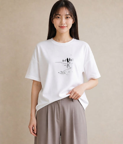 デザインTシャツ レディース 雨上がりの小道 雨上がり 小道 ナチュラル アンティーク イラスト ラフ 旅行 母娘コーデ 白T YMAZO