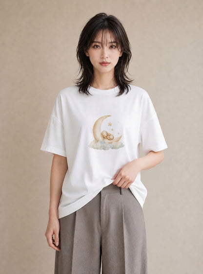 グラフィックTシャツ レディース 月 星空 宇宙 イラスト シック 帰省 ラフ 白T YMAZO