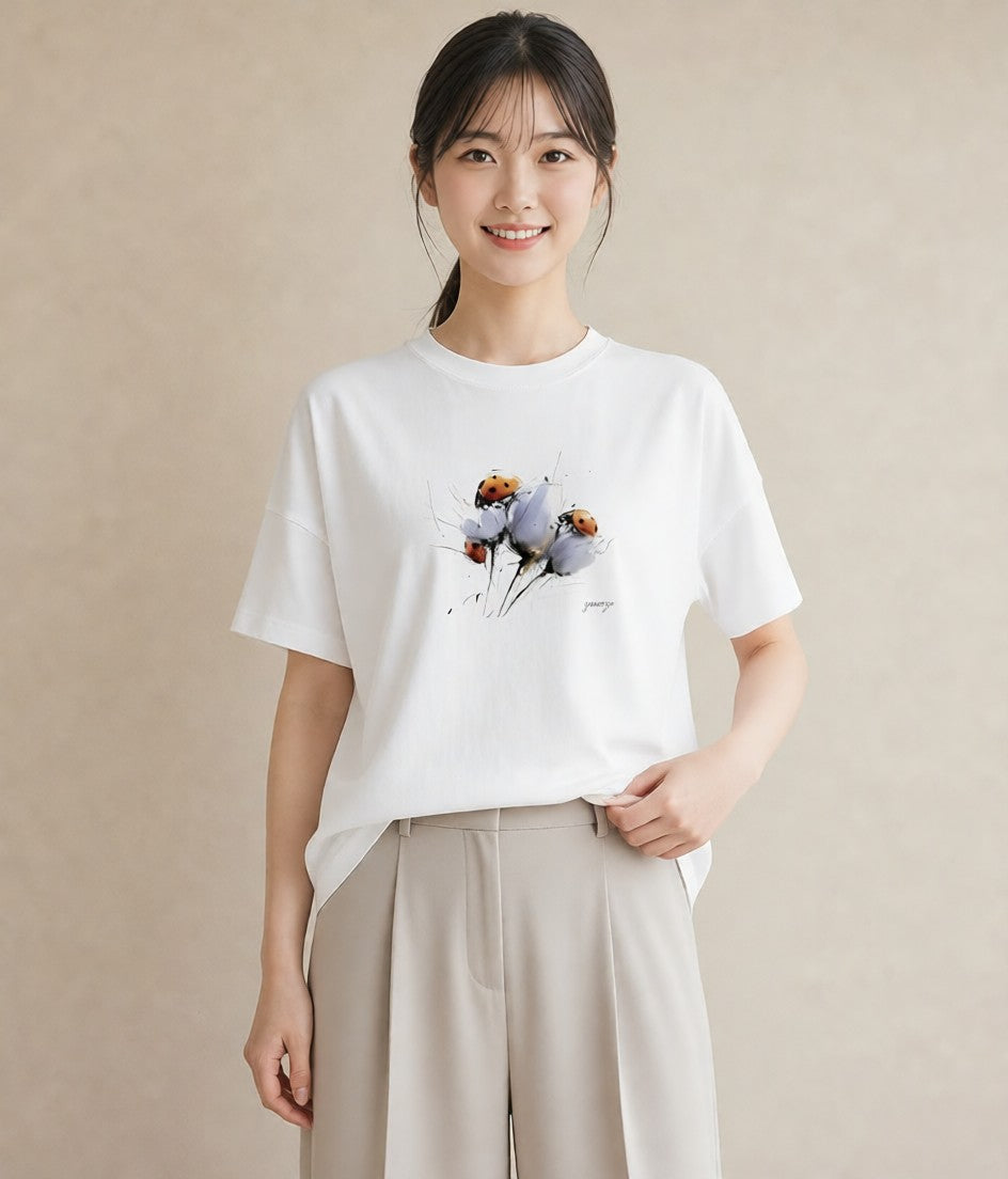 デザインTシャツ レディース てんとう虫 昆虫 虫 イラスト ニュアンス ビーチ デイリーウェア 白T YMAZO