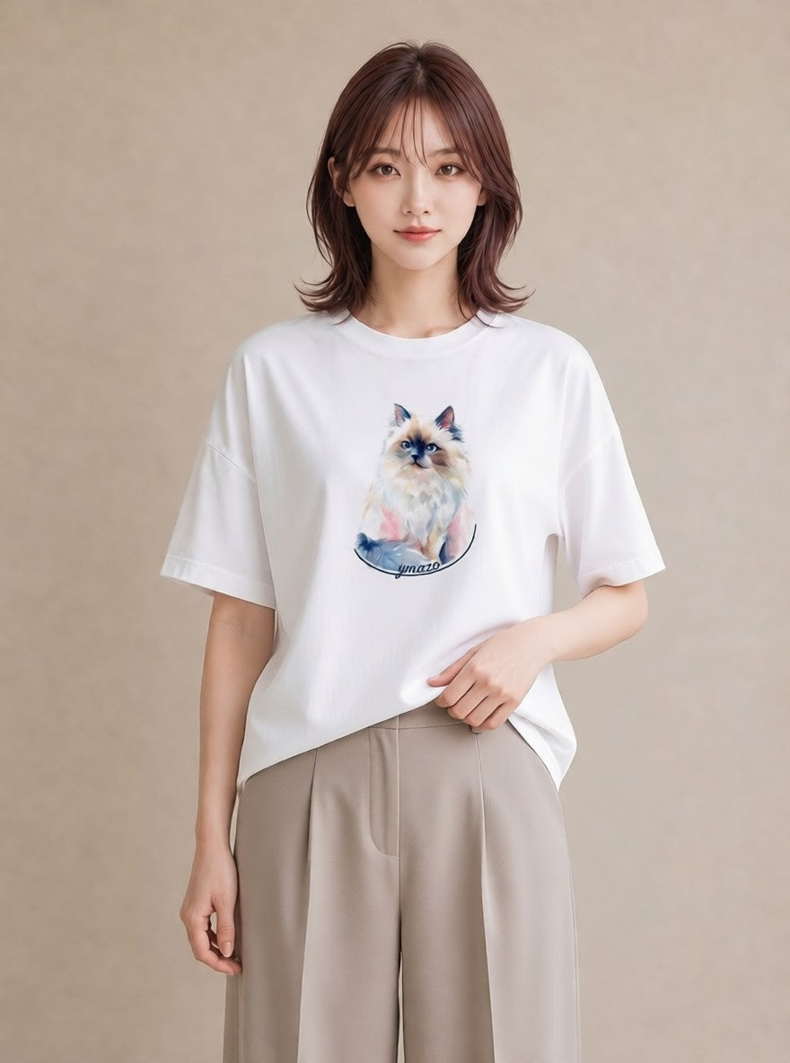 プリントTシャツ レディース ペルシャ 猫 ねこ イラスト きれいめカジュアル デイリーウェア 休日 白T YMAZO