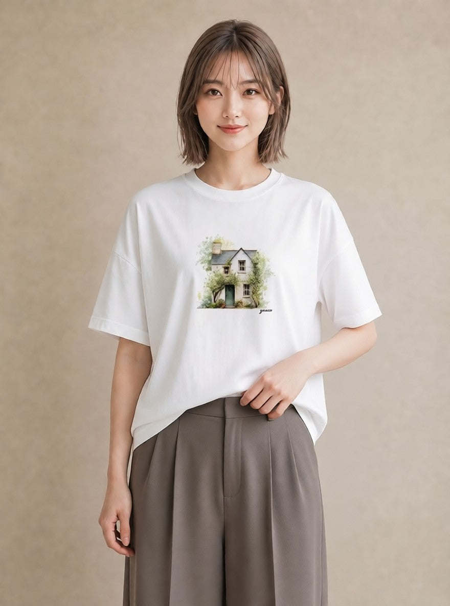 半袖Tシャツ レディース 湖畔の小屋 湖 小屋 ナチュラル アンティーク イラスト シック ラフ レイヤード 白T YMAZO
