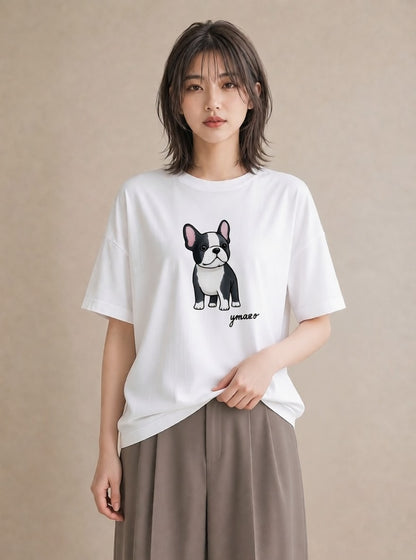 半袖Tシャツ レディース いぬ 犬 ワンコ イラスト カフェコーデ 部屋着 女性向けギフト 白T YMAZO