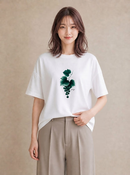プリントTシャツ レディース つる 植物 ボタニカル イラスト 淡色 海 カフェ巡り 白T YMAZO