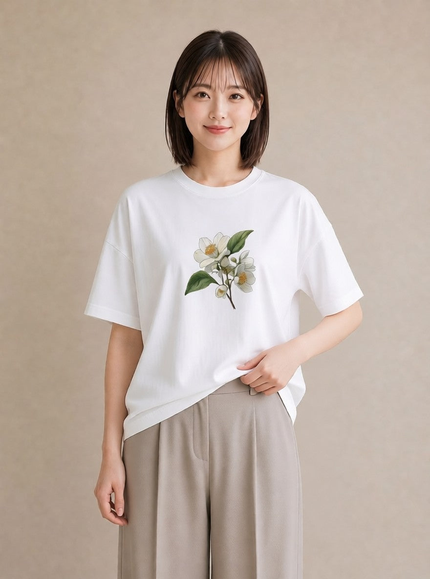 グラフィックTシャツ レディース 金木犀 花 花柄 イラスト 可愛い カジュアルコーデ 買い物 白T YMAZO