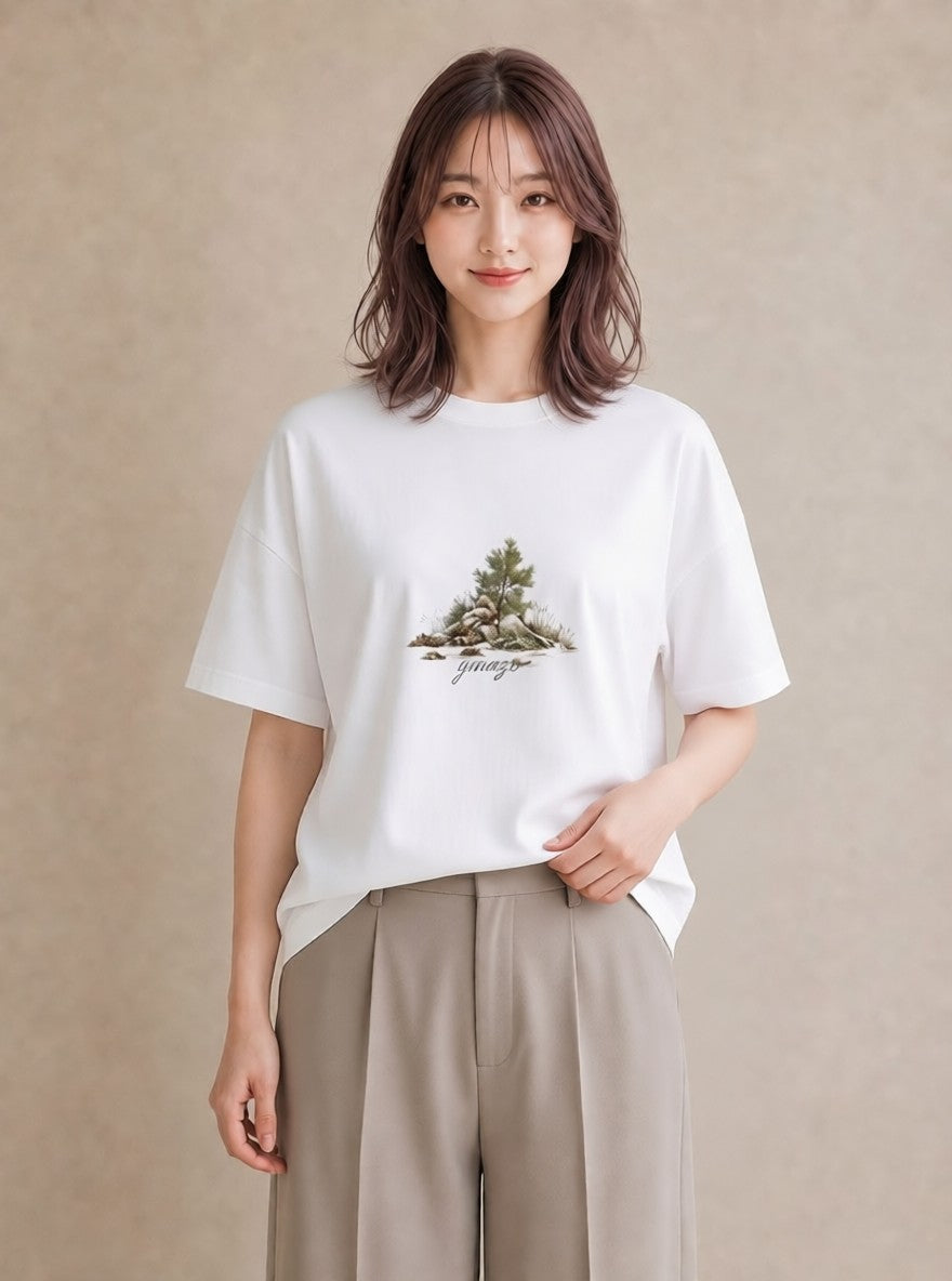半袖Tシャツ レディース 松ぼっくり 植物 ボタニカル イラスト フェミニン 公園 ママ 白T YMAZO