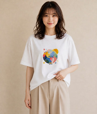 デザインTシャツ レディース 地球 星空 宇宙 イラスト 水彩風 女性 旅行用 白T YMAZO