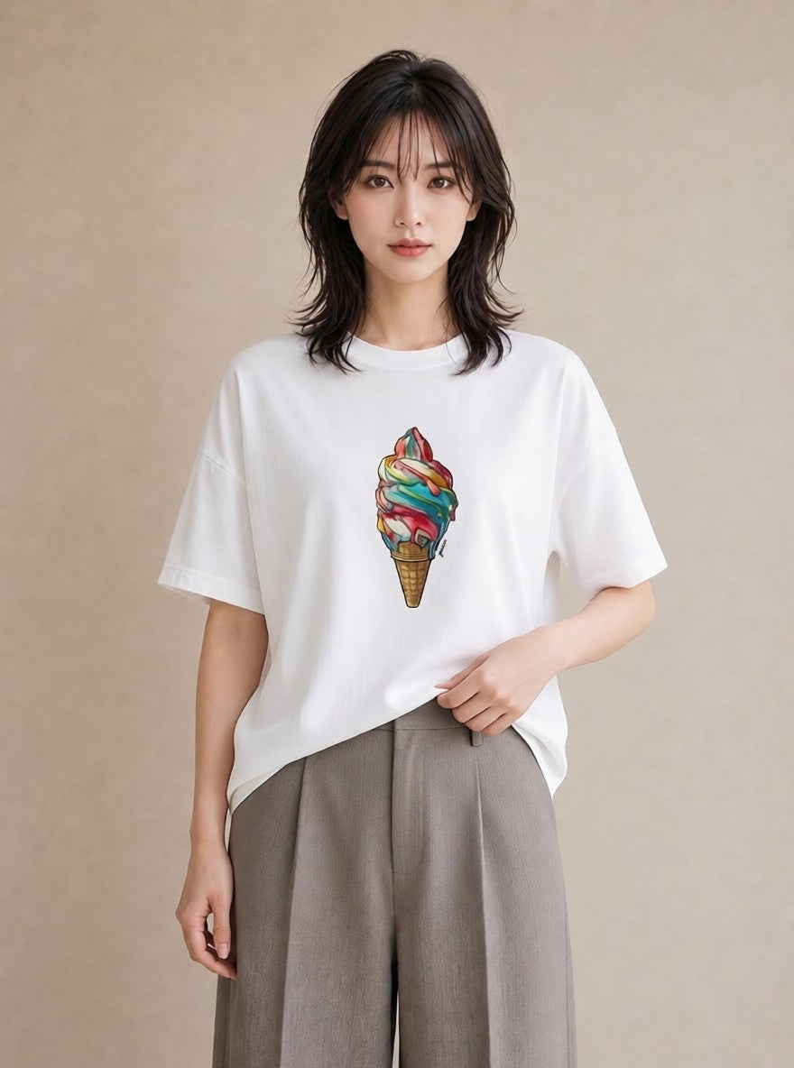 半袖Tシャツ レディース ソフトクリーム 食べ物 フード イラスト フェミニン ラフ レイヤード 白T YMAZO