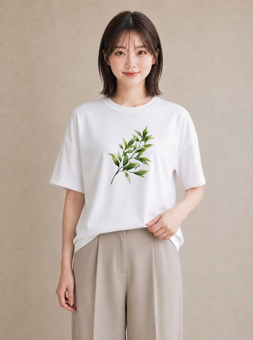 プリントTシャツ レディース 葉っぱ 植物 ボタニカル イラスト 抜け感 公園 ママ 白T YMAZO