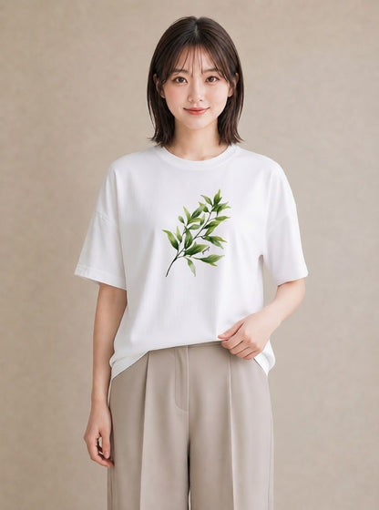 プリントTシャツ レディース 葉っぱ 植物 ボタニカル イラスト 抜け感 公園 ママ 白T YMAZO