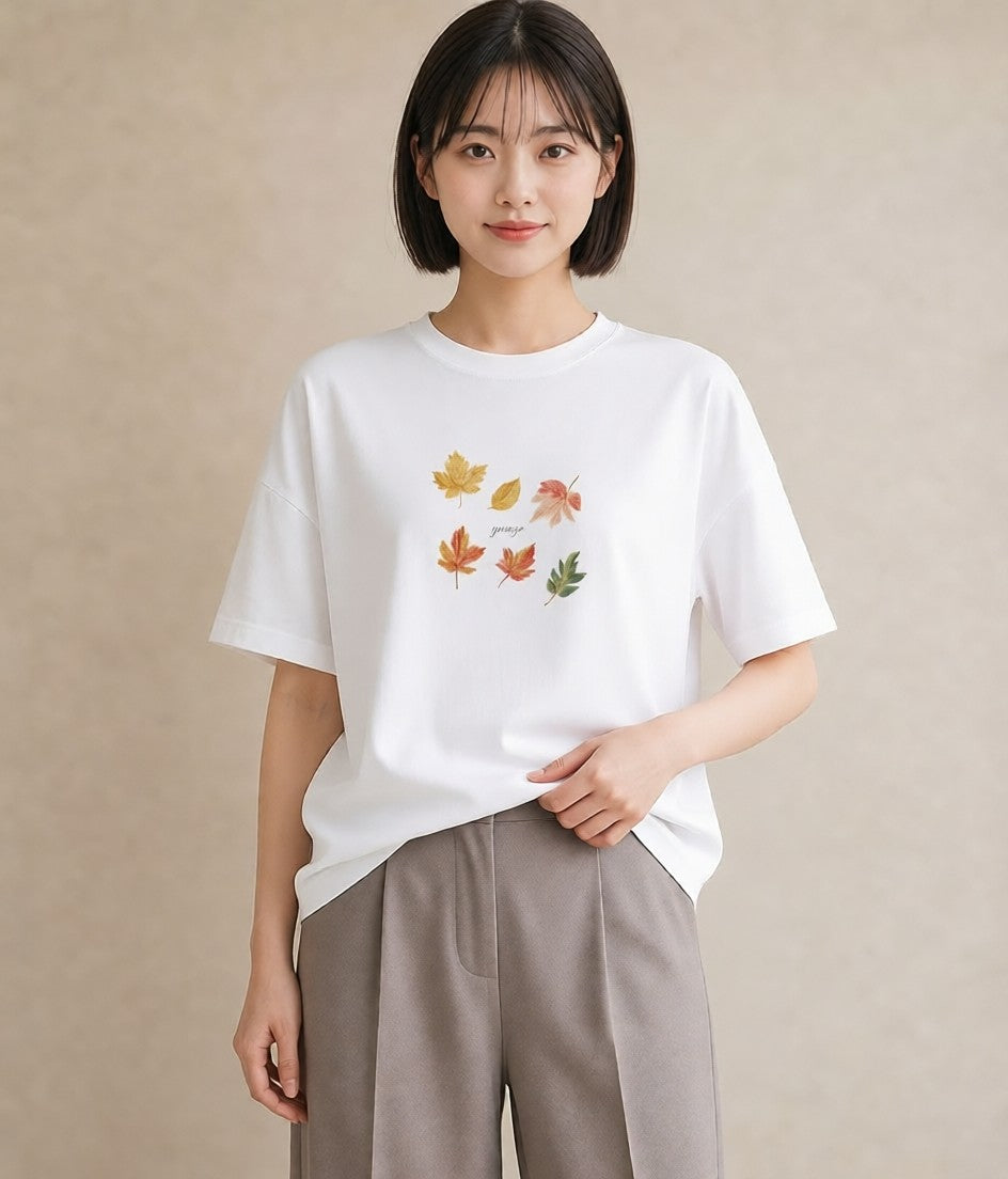 プリントTシャツ レディース 落ち葉 植物 ボタニカル イラスト 手描き風 部屋着 女性向けギフト 白T YMAZO
