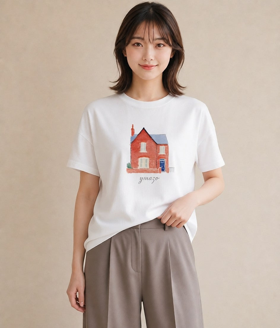半袖Tシャツ レディース 湖畔の小屋 湖 小屋 ナチュラル アンティーク イラスト ユニーク 母の日 ビーチ 白T YMAZO