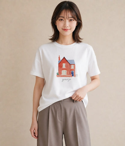 半袖Tシャツ レディース 湖畔の小屋 湖 小屋 ナチュラル アンティーク イラスト ユニーク 母の日 ビーチ 白T YMAZO
