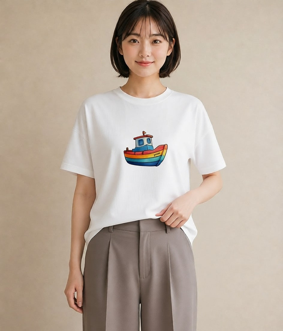 Tシャツ レディース 紙の船 水辺 ナチュラル アンティーク イラスト ポップ 週末コーデ 敬老の日 白T YMAZO