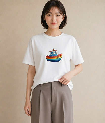 Tシャツ レディース 紙の船 水辺 ナチュラル アンティーク イラスト ポップ 週末コーデ 敬老の日 白T YMAZO