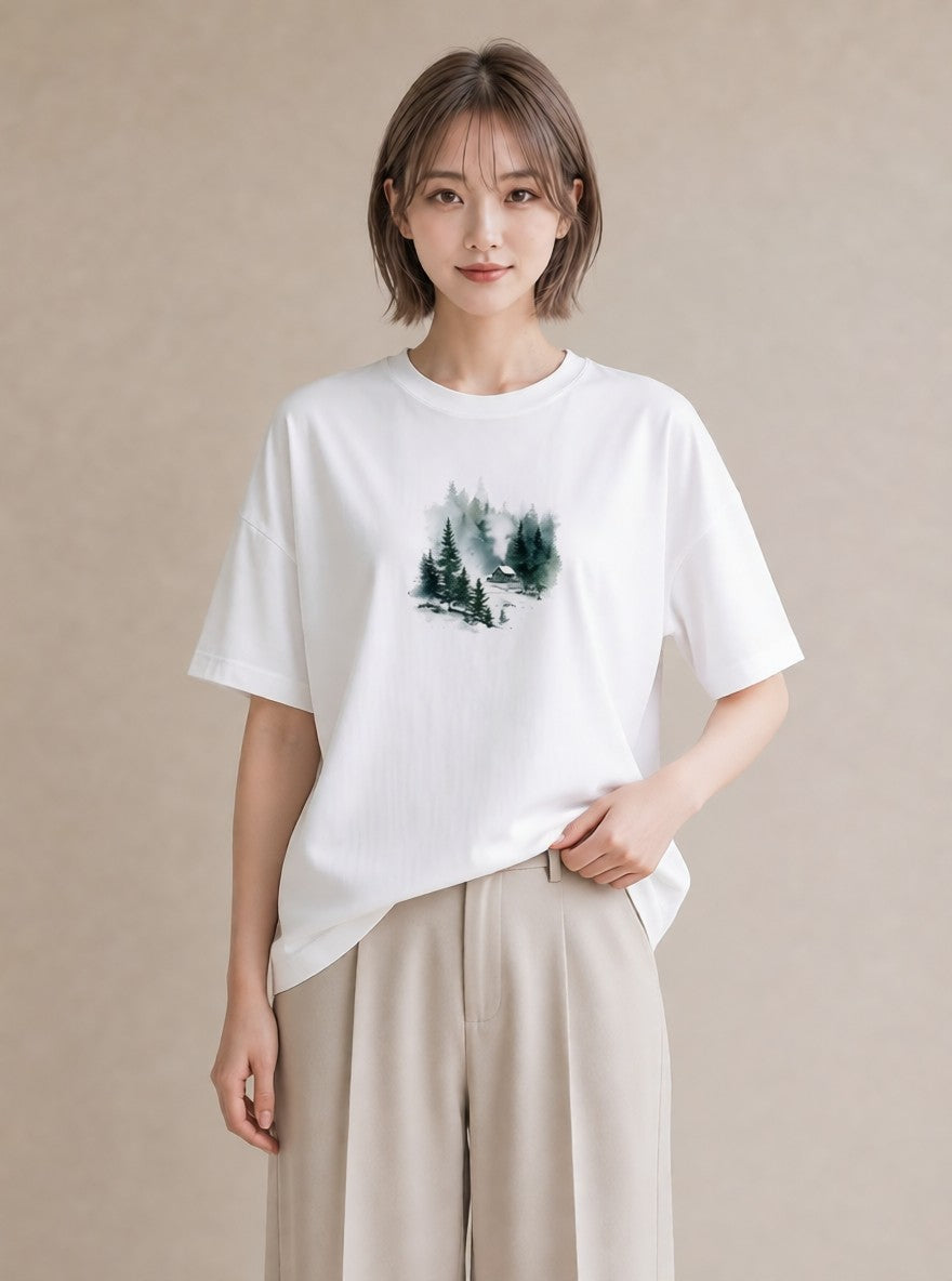プリントTシャツ レディース 湖畔の小屋 湖 小屋 ナチュラル アンティーク イラスト 休日コーデ 誕生日プレゼント 綿100 白T YMAZO
