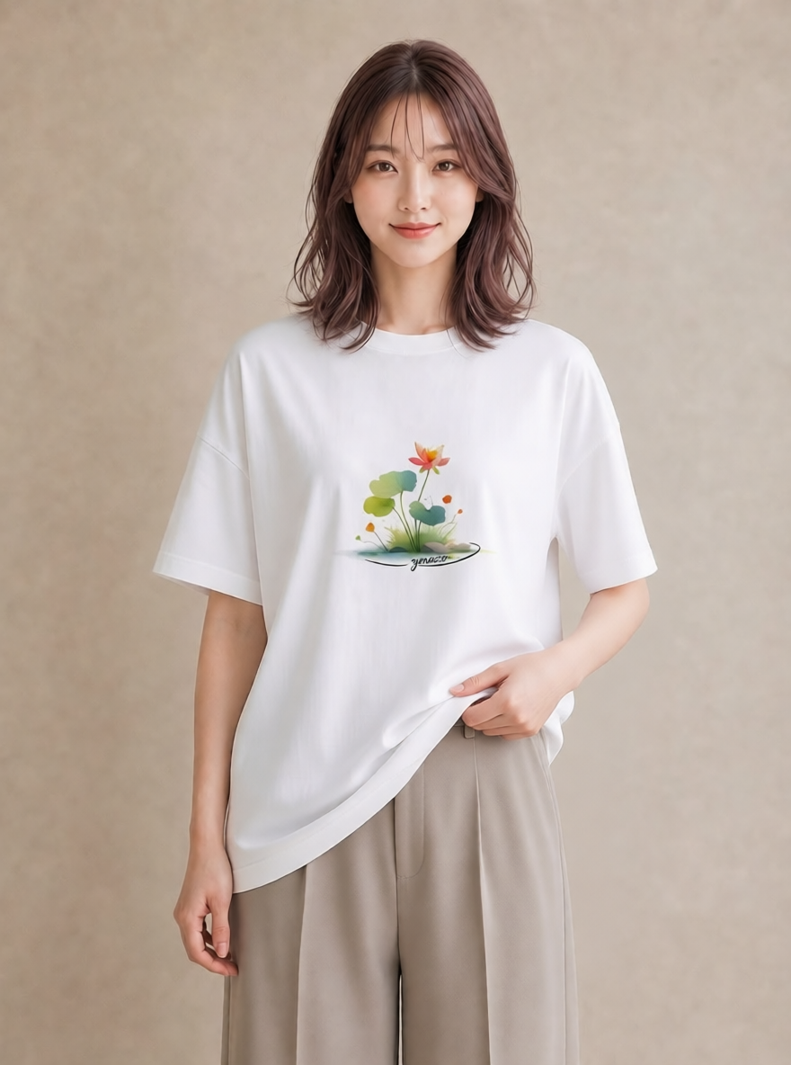 グラフィックTシャツ レディース 蓮 花 花柄 イラスト 個性的 旅行用 海 白T