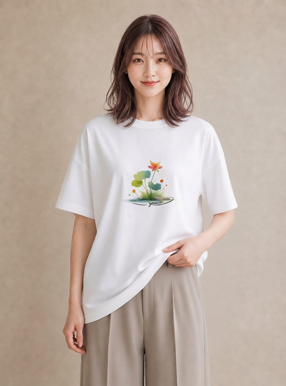 グラフィックTシャツ レディース 蓮 花 花柄 イラスト 個性的 旅行用 海 白T