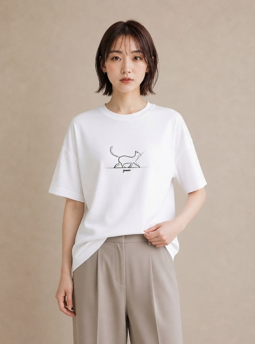 Tシャツ レディース 猫 ねこ ネコ イラスト 手描き風 休日 ペアコーデ 白T YMAZO
