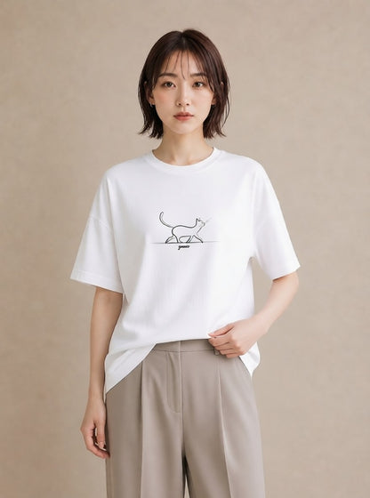 Tシャツ レディース 猫 ねこ ネコ イラスト 手描き風 休日 ペアコーデ 白T YMAZO