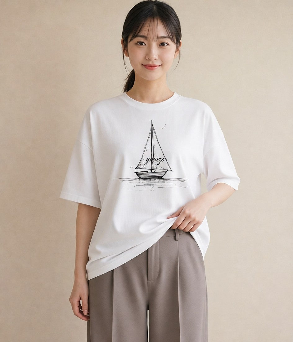 半袖Tシャツ レディース 桟橋 水辺 波止場 ナチュラル アンティーク イラスト きれいめ 自分用 ルームウェア 白T YMAZO