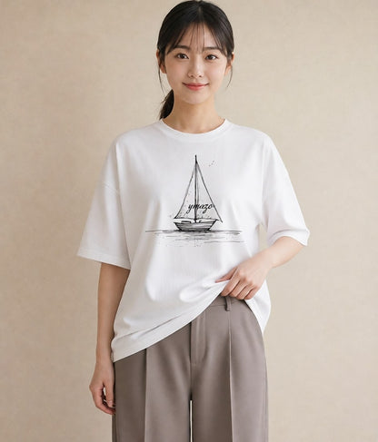 半袖Tシャツ レディース 桟橋 水辺 波止場 ナチュラル アンティーク イラスト きれいめ 自分用 ルームウェア 白T YMAZO