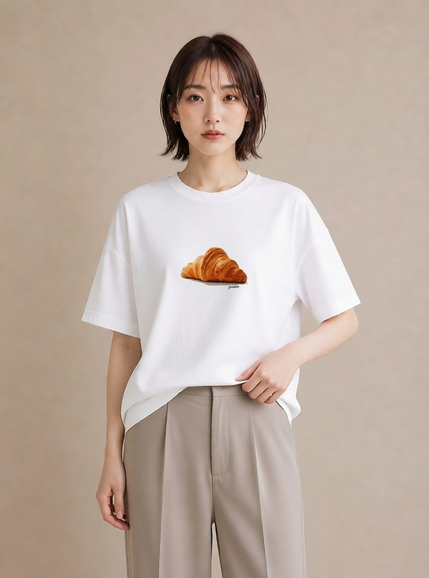 半袖Tシャツ レディース パン ベーカリー レトロ イラスト ミニマル デイリーウェア 休日 白T YMAZO