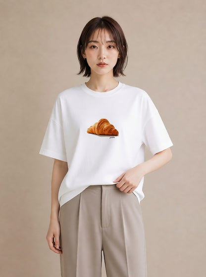 半袖Tシャツ レディース パン ベーカリー レトロ イラスト ミニマル デイリーウェア 休日 白T YMAZO