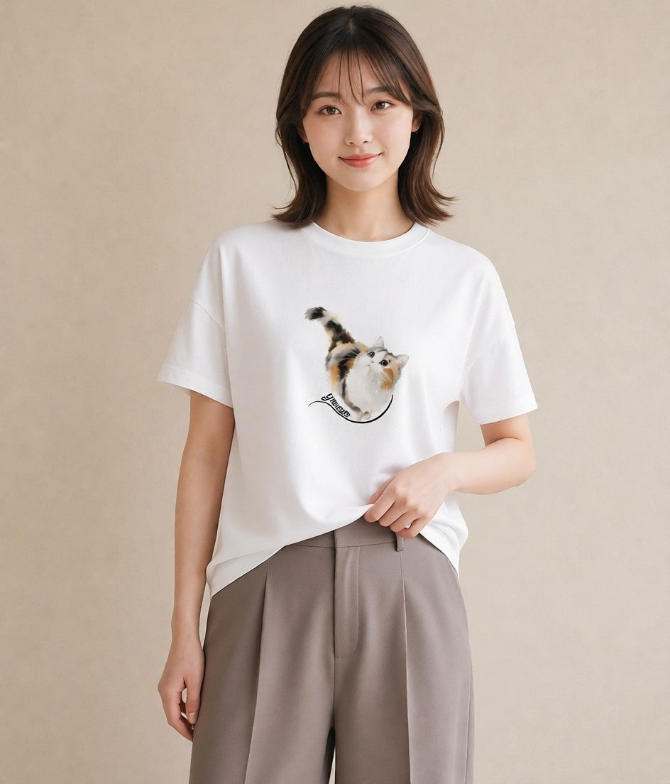 プリントTシャツ レディース シャム柄 猫 ねこ イラスト 淡色 カジュアルコーデ 買い物 白T YMAZO