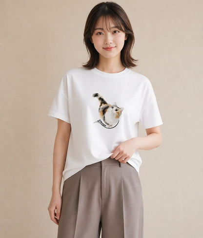 プリントTシャツ レディース シャム柄 猫 ねこ イラスト 淡色 カジュアルコーデ 買い物 白T YMAZO