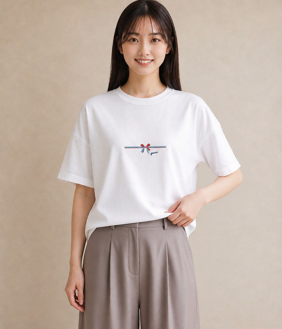 プリントTシャツ レディース リボン ボウ りぼん イラスト 普段使い 通勤 在宅 白T YMAZO