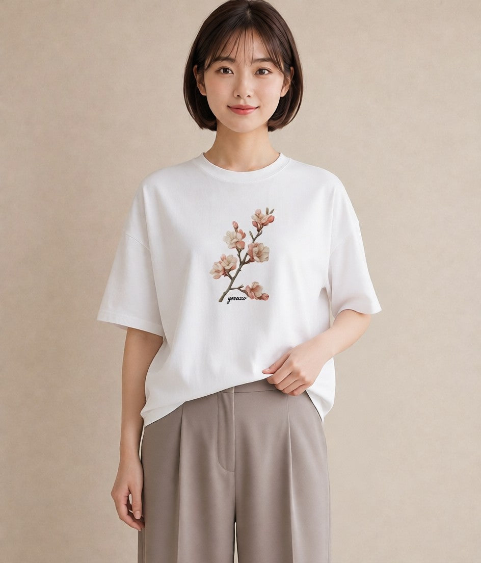 プリントTシャツ レディース 梅 花 花柄 イラスト 上品 綿100 デート 白T YMAZO