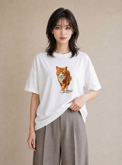 デザインTシャツ レディース 茶トラ 茶猫 猫 ねこ イラスト カフェコーデ 社会人 女性 白T YMAZO