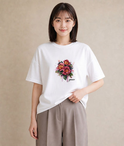 プリントTシャツ レディース バラ 薔薇 ローズ 花 花柄 イラスト 普段使い お出かけ 普段着 白T YMAZO