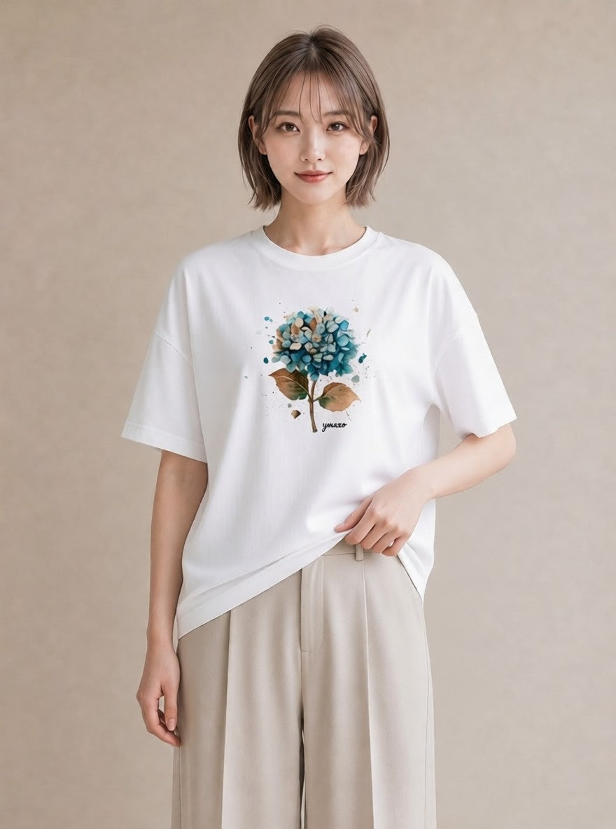 デザインTシャツ レディース あじさい 紫陽花 アジサイ 花 花柄 イラスト お洒落 カフェ服 クリスマス 白T YMAZO