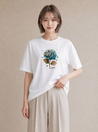 デザインTシャツ レディース あじさい 紫陽花 アジサイ 花 花柄 イラスト お洒落 カフェ服 クリスマス 白T YMAZO